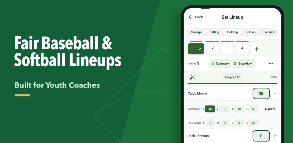 Coach Joel's Way Android fielding lineup screen with inning controls and player position assignments