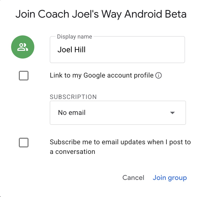 Google Group join window with No email selected and optional profile and conversation email checkboxes left unchecked