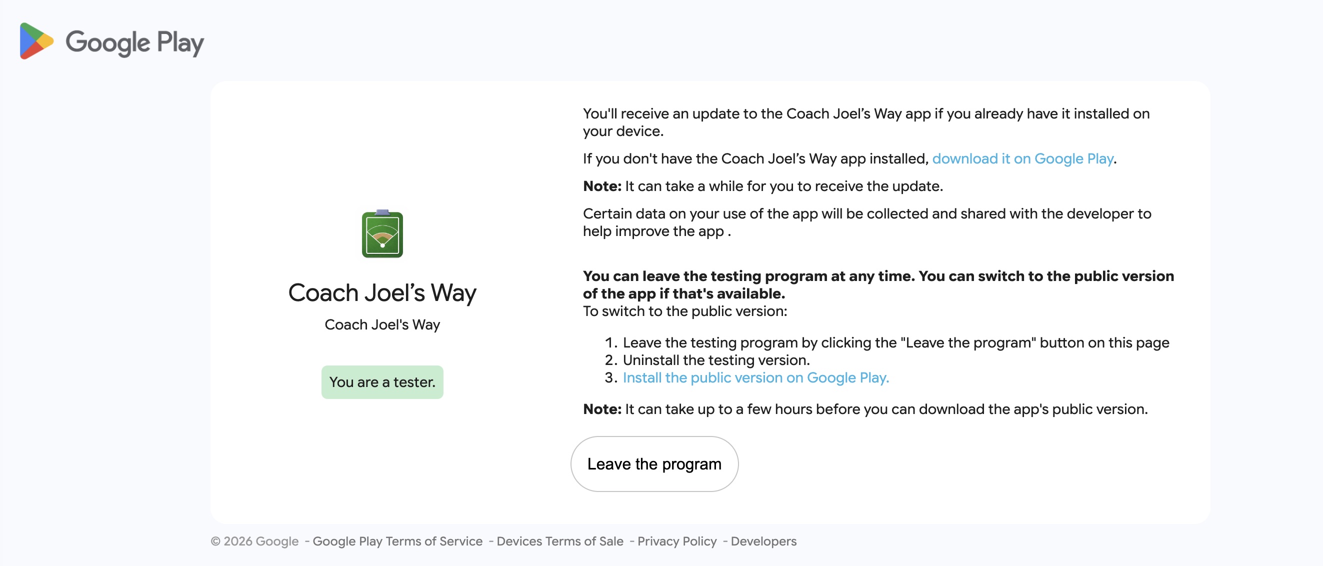 Google Play Coach Joel's Way beta page showing the green You are a tester confirmation and download it on Google Play link