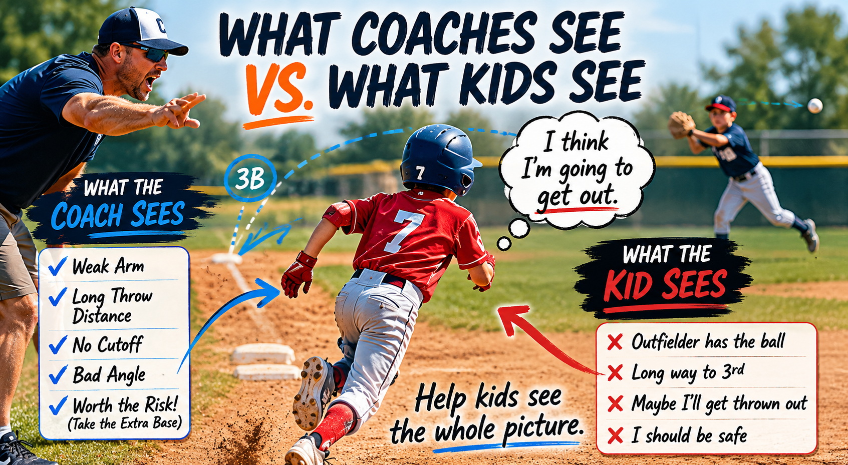 Youth baseball coach teaching a runner situational awareness during a game